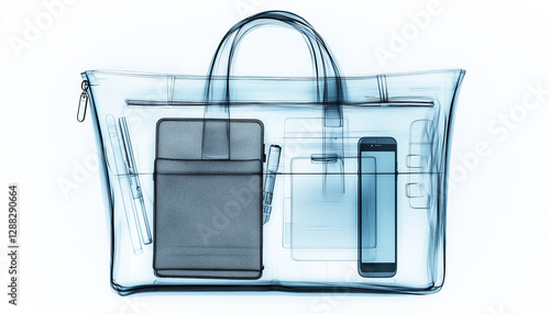 Secrets in Transit – Suggesting the mystery of what people carry unseen.   Bag X-ray scan.  Generative AI.