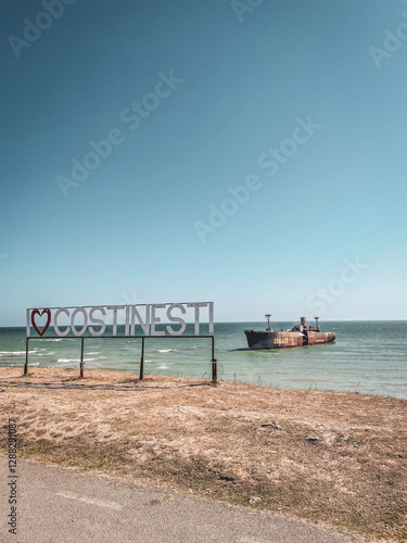 Costinești Beach, Romania – Boat on Shore with Evangelia Shipwreck in the Background