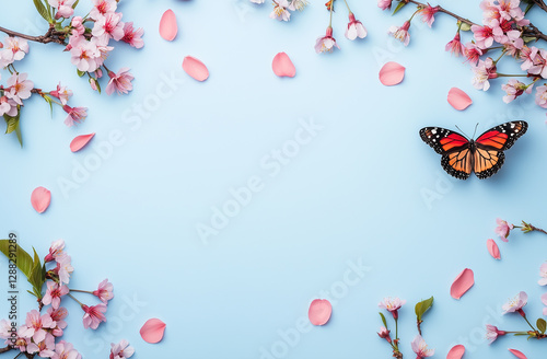 봄 나비와 벚꽃이 보이는 푸른색 알림판.
A blue notice board showing spring butterflies and cherry blossoms.