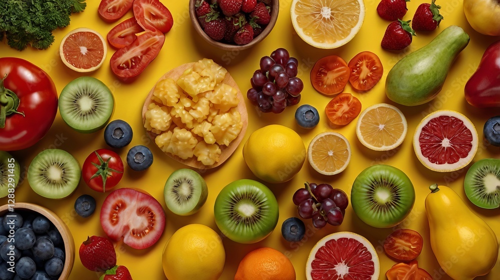 Healthy Eating Flat Lay with Fresh Foods on Yellow Healthy Eating Flat Lay with Fresh Foods on Yellow