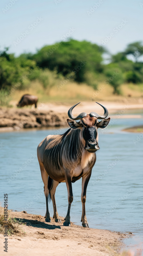 Wildebeest standing at the edge of a shallow river Wildebeest standing at the edge of a shallow river