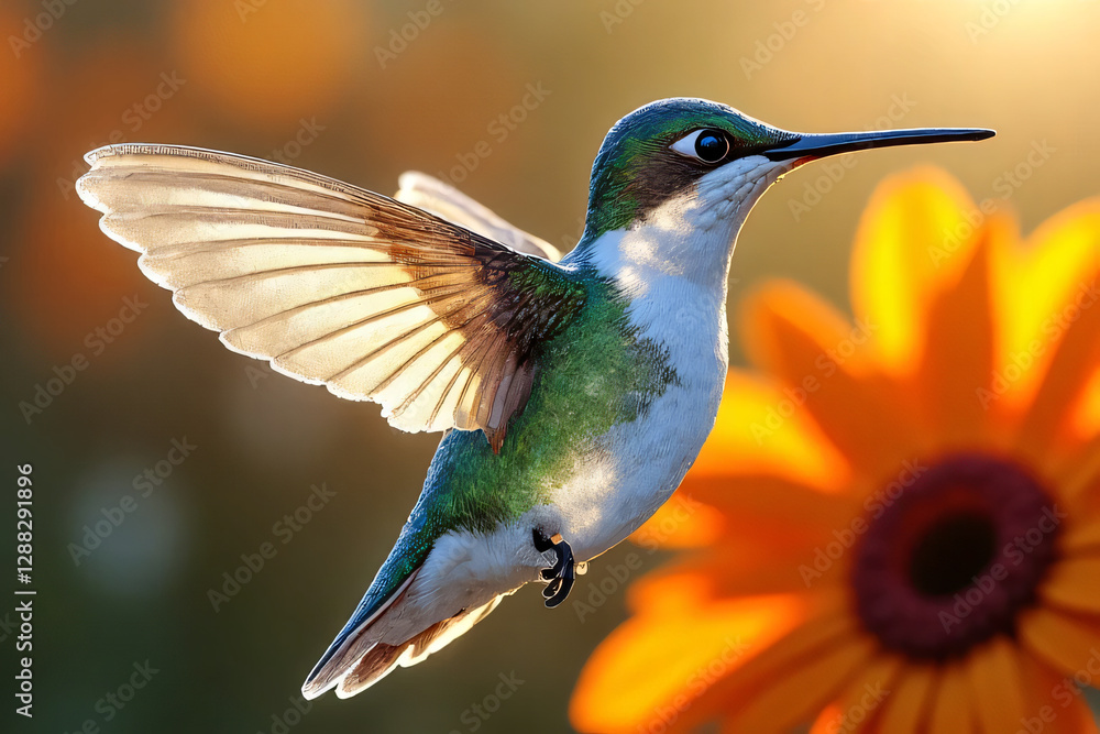 Naklejka premium Colorful hummingbird in flight feeding on a flower with its ruby beak