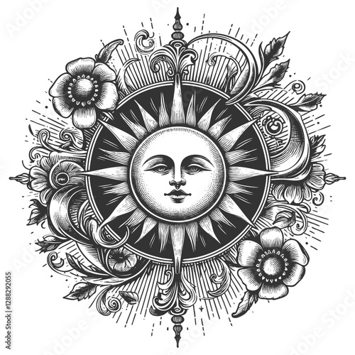 Sun Face Illustration with Radiant Flames vector