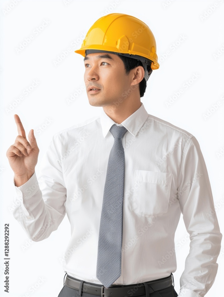 Asian businessman concept in construction. A man in a yellow hard hat gestures thoughtfully, dressed in a white shirt and striped tie, suggesting leadership and professionalism. Asian businessman concept in construction. A man in a yellow hard hat gestures thoughtfully, dressed in a white shirt and striped tie, suggesting leadership and professionalism.