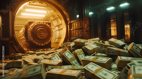 A cinematic view of an open bank vault with piles of cash illuminated by spotlights.