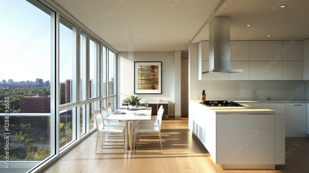 A modern high-rise condo with a sleek kitchen and a compact dining area. A modern high-rise condo with a sleek kitchen and a compact dining area.