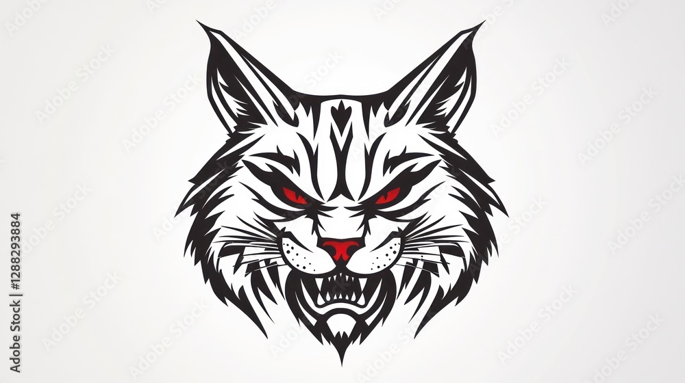 Angry bobcat head, white fur, red eyes, graphic design, logo Angry bobcat head, white fur, red eyes, graphic design, logo