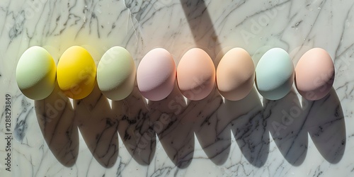 Soft pastel Easter eggs arranged in a perfect gradient on a smooth marble surface illuminated by gentle morning light photo