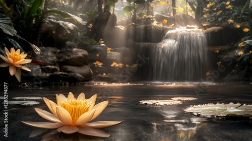 Serene Waterfall and Lotus Flowers in a Tropical Garden