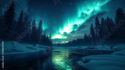 Wallpaper Mural Northern lights over a snow-covered forest and river at night, aurora illuminating the sky. Winter wonderland and natural phenomena concept Torontodigital.ca