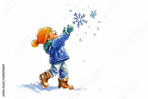  A delightful colored pencil drawing of a child joyfully catching snowflakes in a winter wonderland.