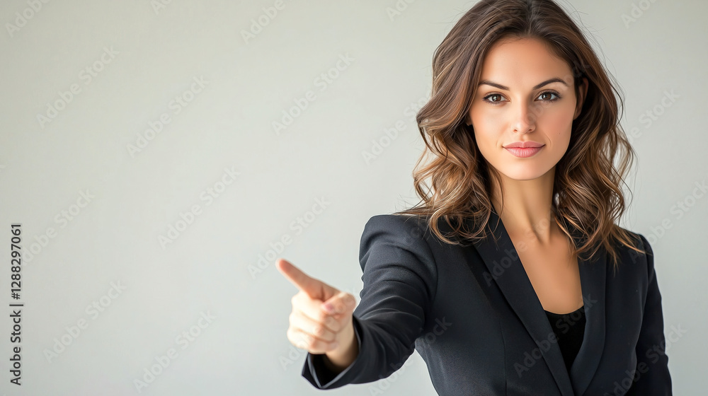 Confident woman in business attire pointing towards something to her left, against a plain background. A modern, sleek business look. Confident woman in business attire pointing towards something to her left, against a plain background. A modern, sleek business look.