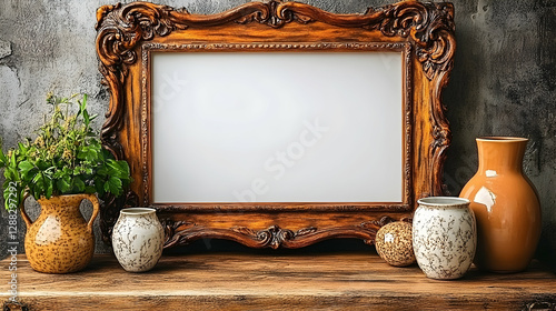Photo Still Life with Ornate Frame, Vases, and Greenery on Rustic Wood Table