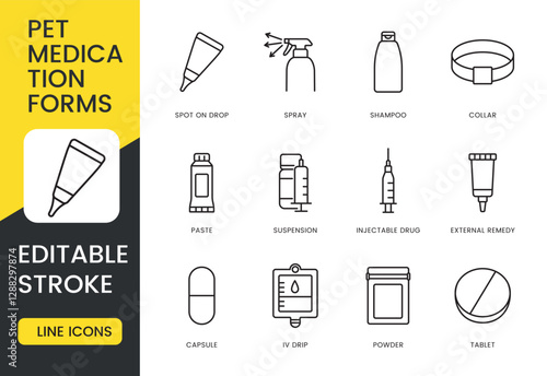 A set of pet medication form icons in vector, illustrating different treatment methods like sprays, shampoos, and tablets, as well as injectable, external, and oral remedies, with an editable stroke