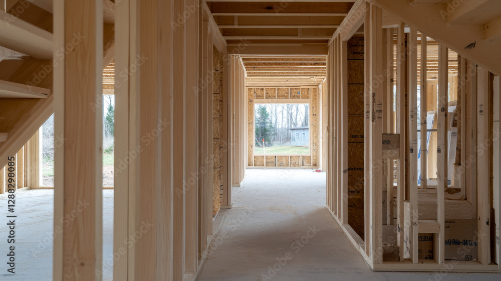 Framing of a new residential building is underway, highlighting open hallways and a well-lit interior space with views of the outdoors in the background Framing of a new residential building is underway, highlighting open hallways and a well-lit interior space with views of the outdoors in the background