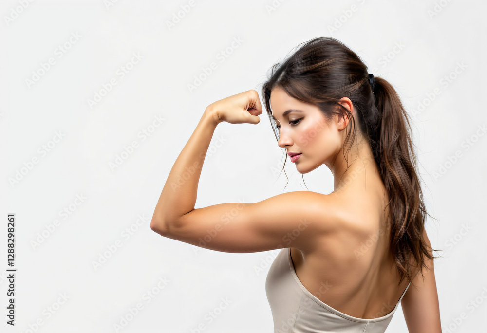 Empowered beautiful young woman showing strength with the arm bent at the elbow. Side view. International Women's Day, March 8 banner Empowered beautiful young woman showing strength with the arm bent at the elbow. Side view. International Women's Day, March 8 banner