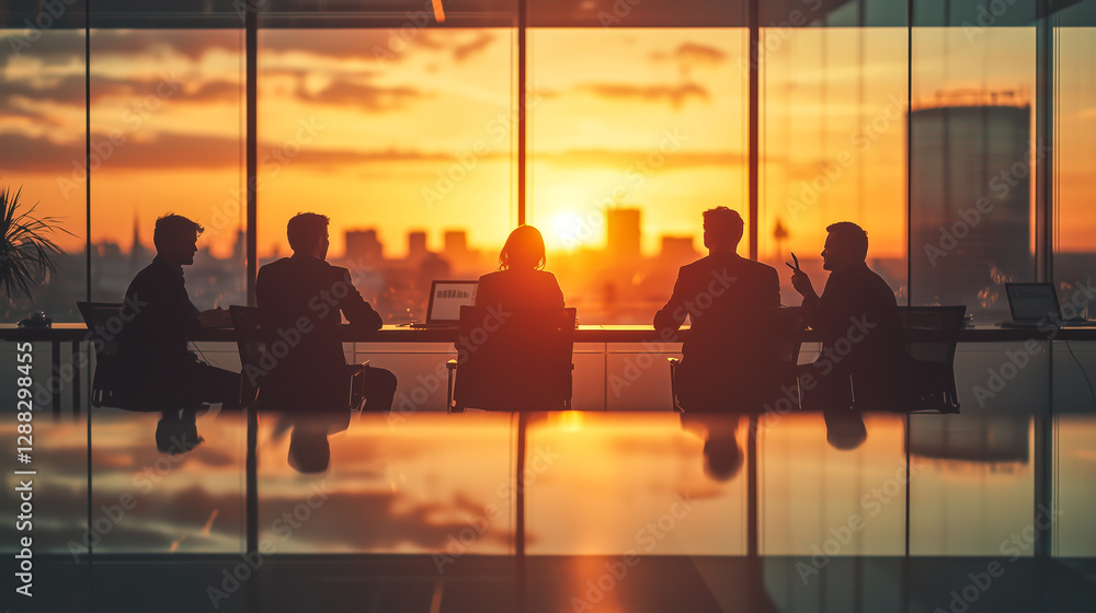 Silhouette of business people in a meeting with sunrise reflecting on the glass of a high rise office window. Silhouette of business people in a meeting with sunrise reflecting on the glass of a high rise office window.