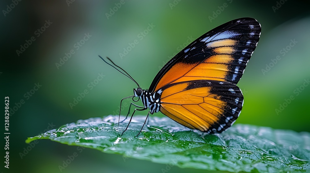 Orange butterfly resting on dewy leaf, lush green background Orange butterfly resting on dewy leaf, lush green background