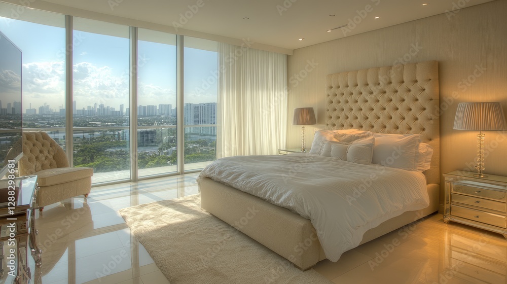 A well-lit condo bedroom with a soft, neutral color scheme and elegant decor. A well-lit condo bedroom with a soft, neutral color scheme and elegant decor.