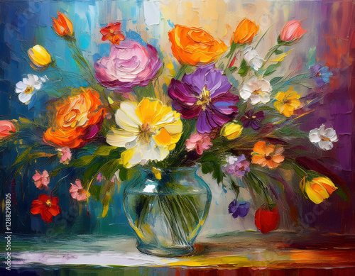 A vibrant oil painting depicts a colorful bouquet of flowers in a glass vase with bold brushstrokes.	