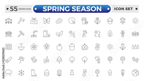 Spring season Equipment Icons Pack. Thin line icons set. Flatiron collection set. Outline planting flowers and seeds, watering cans, and fertilizers. Spring. Editable stroke outline icon. 