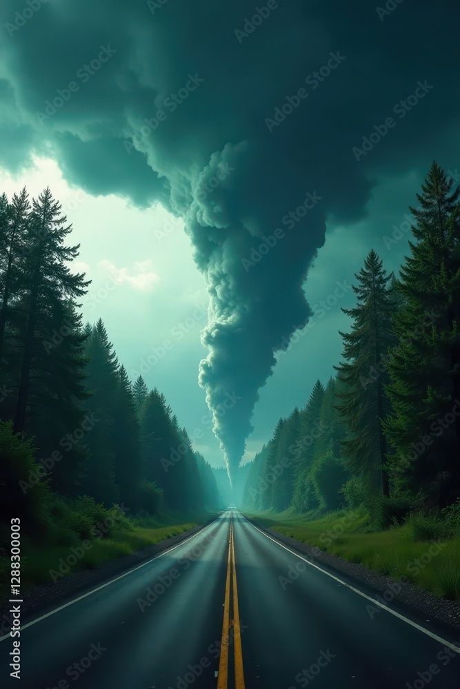 Fototapeta premium Dark funnel cloud twists down highway amidst towering stormy trees and debris scattered everywhere, thunderstorm, nature
