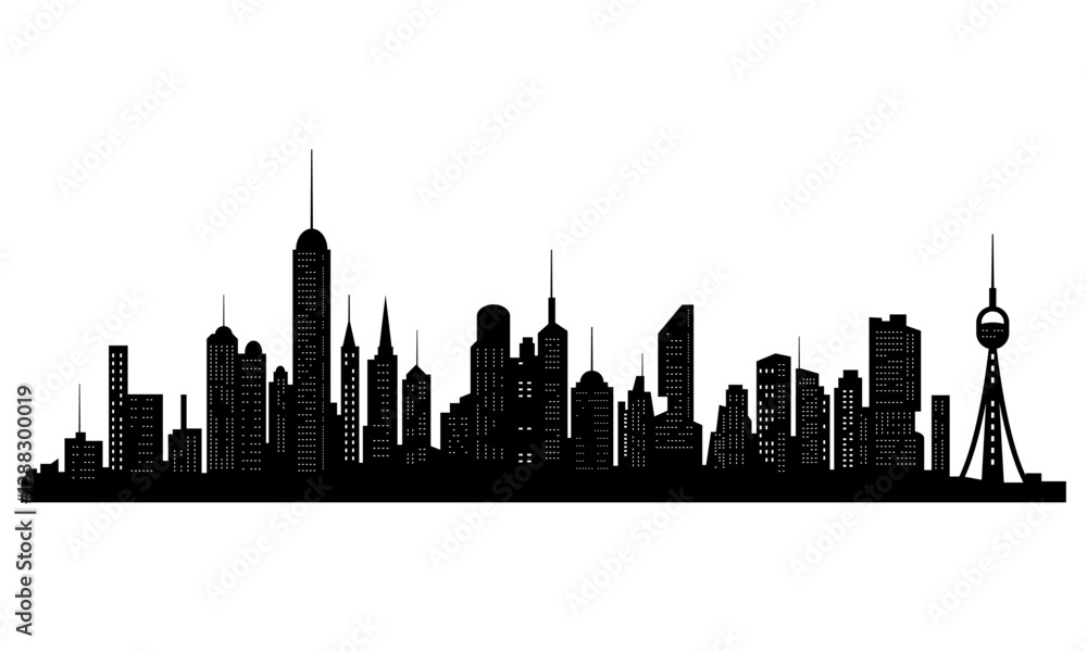 Naklejka premium Black cities silhouette. Horizontal skyline in flat style isolated on white. Cityscape with windows, urban panorama of night town.