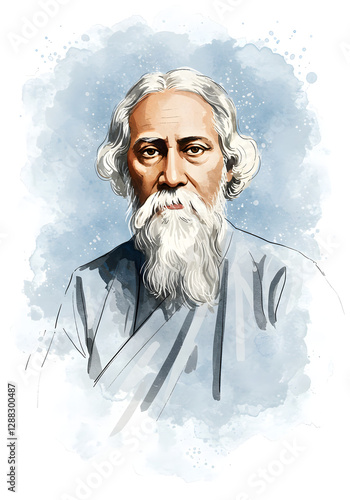 Rabindranath Tagore Watercolor Portrait – Indian Poet Art