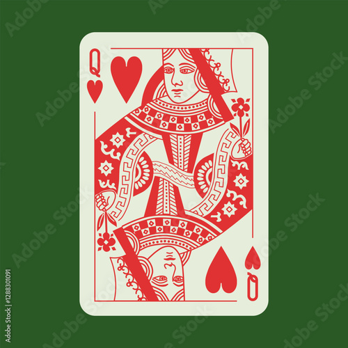 Queen Hearts playing poker card, red line, vintage design, vector card isolated on green background.	