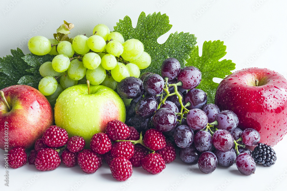 Beautiful still life with juicy berries, apples and grapes on a white background Beautiful still life with juicy berries, apples and grapes on a white background