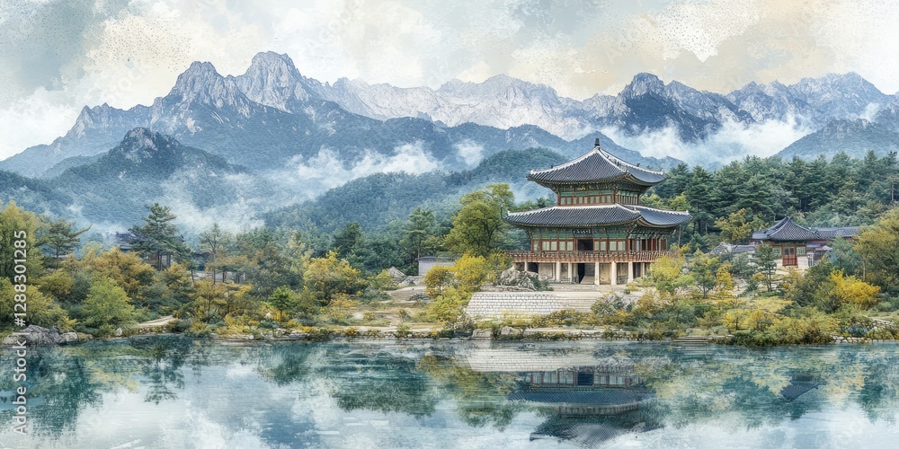 Fototapeta premium Korean palace reflecting in calm waters with mountain backdrop