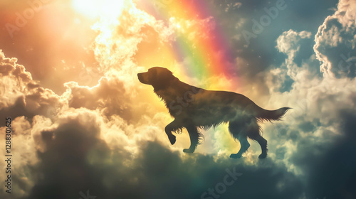 An illustration of a dog silhouetted against glowing clouds with a vibrant rainbow in the background, symbolizing peace and the afterlife. Concept of pet loss.