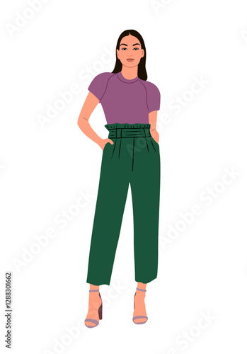 Modern woman in fashionable smart casual summer office outfit. Pretty girl wearing pants, blouse and high heels. Cartoon character vector realistic illustration Isolated 