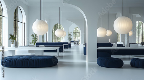 3D Illustration Modern Office Interior Design White Navy Blue Furniture Arch Windows Plants Lamps
