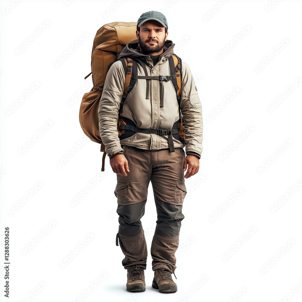 A hiker ready for adventure, equipped with a large backpack and outdoor gear, standing confidently. A hiker ready for adventure, equipped with a large backpack and outdoor gear, standing confidently.