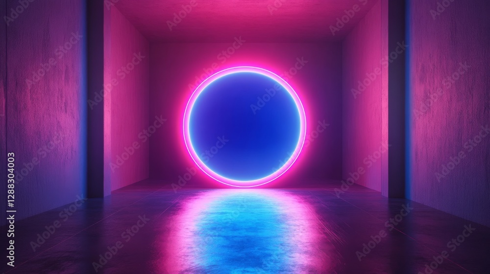 Neon circle with pink and blue glowing lights in a dark room, futuristic and vibrant ambiance. Digital art and modern design concept Neon circle with pink and blue glowing lights in a dark room, futuristic and vibrant ambiance. Digital art and modern design concept