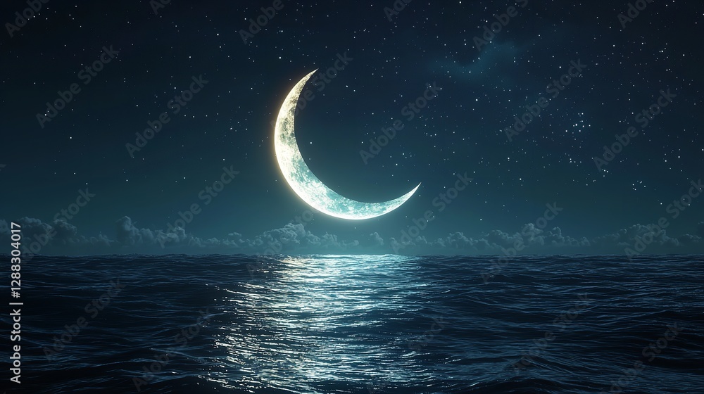 Fototapeta premium Moonlit Ocean Tranquility: Crescent Moon Reflecting on a Calm Ocean Under a Starry Night Sky