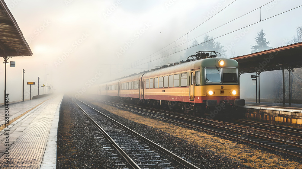 Obraz premium Foggy Train Arrival at Station