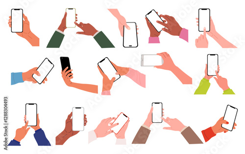 Different Hands holding mobile phones set. Fingers touching, scrolling smartphone screens, using applications. Empty screen, phone mockup. Flat vector illustration isolated