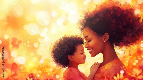 A mother's love! A loving scene of a mother holding her child, with a soft, dreamy background. Vector art