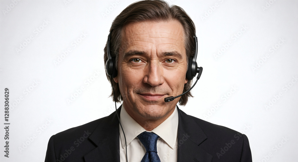 Confident customer support representative with headset and suit Confident customer support representative with headset and suit