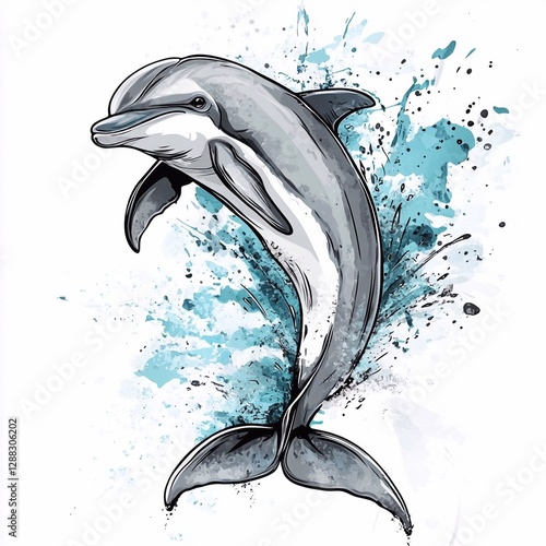 Wallpaper Mural Illustration of Dolphin in splashing water on white background, logo Torontodigital.ca