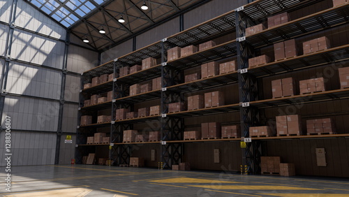 Bild auf Leinwand Brightly lit warehouse featuring high shelves filled with neatly stacked cardboard boxes