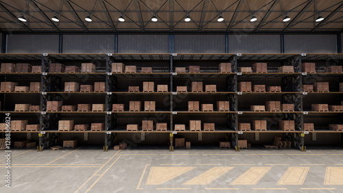 Photos In a large warehouse, multiple storage racks are neatly arranged with cardboard boxes stacked high