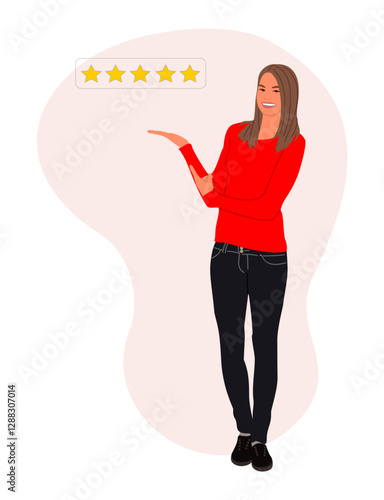 Businesswoman leave five star rating and service satisfaction feedback. Young woman in smart casual outfit give a review. Pretty girl Vector realistic Illustration isolated 