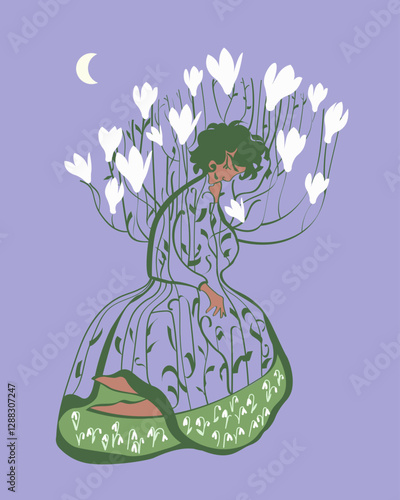 Abstract vector artwork. Figure of a woman in the shape of a magnolia tree. Blooming magnolia tree, blooming natural beauty, fashion,exotic illustration