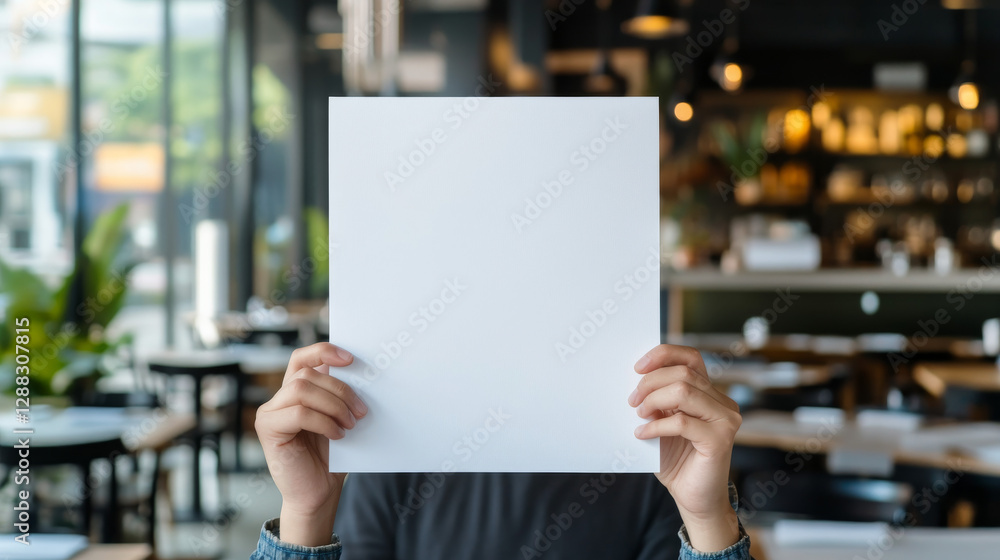 An individual is holding a blank sheet of paper in front of their face while seated in a lively cafe filled with natural light. The setting suggests a creative or casual meet-up environment An individual is holding a blank sheet of paper in front of their face while seated in a lively cafe filled with natural light. The setting suggests a creative or casual meet-up environment