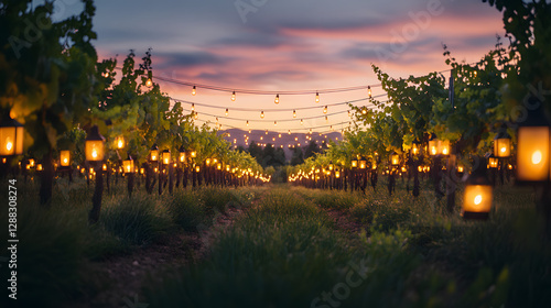 A dramatic scene of a vineyard at dusk illuminated by lanterns and string lights.