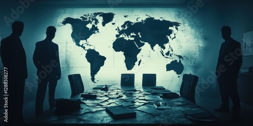 Global security threats illustrated shadowy figures in a dark ominous infographic