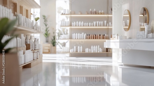 Modern beauty store interior, bright sunlight, shelves stocked, minimalist design, ideal for website or magazine